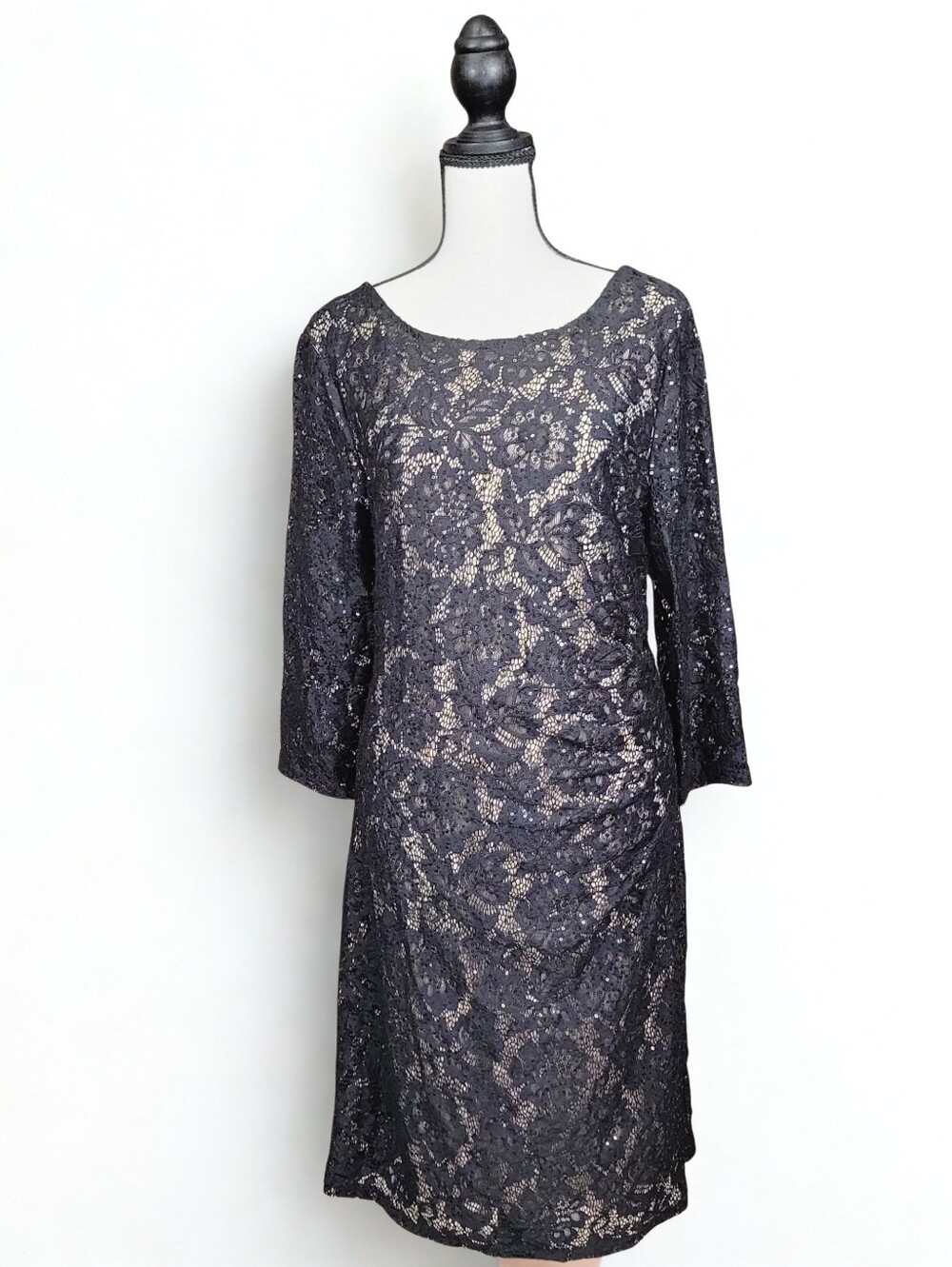Scarlett Black Sequined Lace Sheath Dress 3/4 Sleeve Size 16